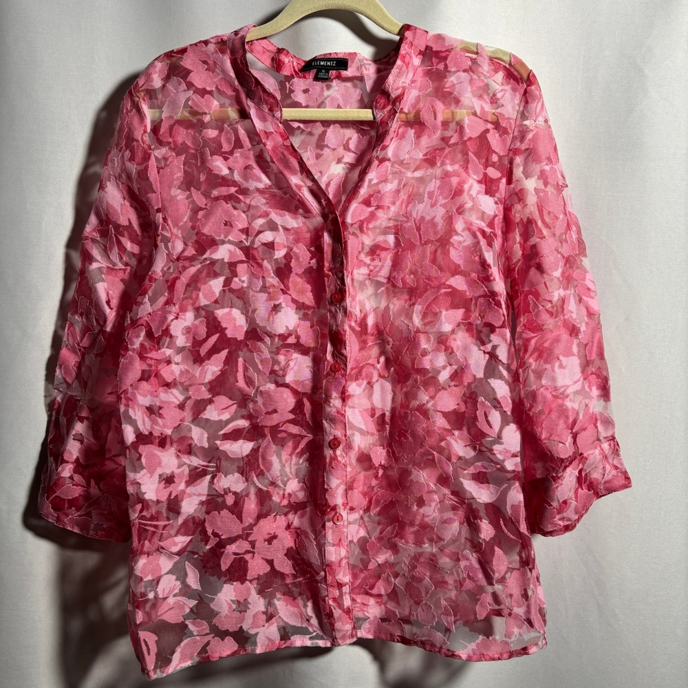 Womens Sheer Pink Floral Button Up Top Linen Blend Fairycore Boho‎ 3/4 Sleeve XL
